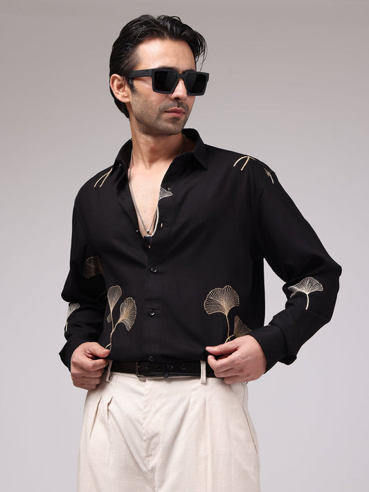 Biloba Leaf Embroidery Black Full Sleeve Shirt