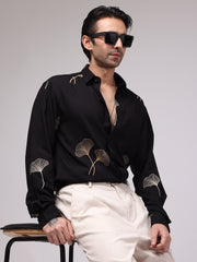 Biloba Leaf Embroidery Black Full Sleeve Shirt