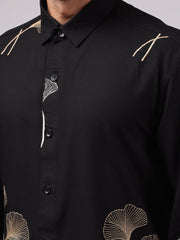 Biloba Leaf Embroidery Black Full Sleeve Shirt
