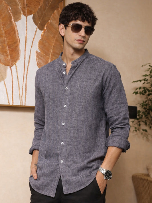 Self Jacquard Blue  Full Sleeve Shirt