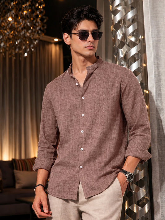 Self Jacquard Brown Full Sleeve Shirt