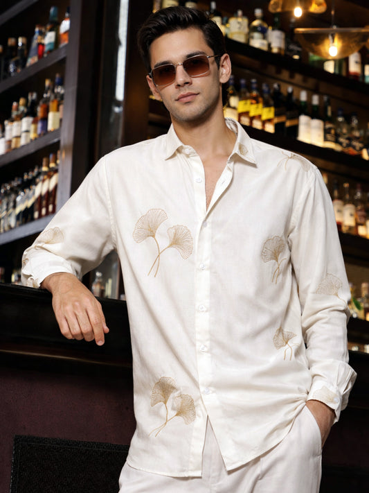 Biloba Leaf Embroidery Cream Full Sleeve Shirt