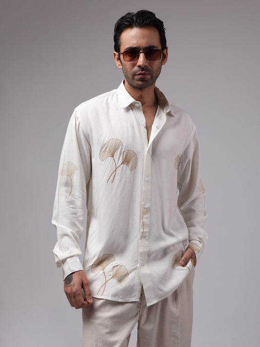 Biloba Leaf Embroidery Cream Full Sleeve Shirt