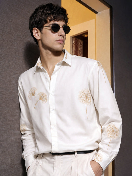 Blowball Flower Embroidery Cream Full Sleeve Shirt