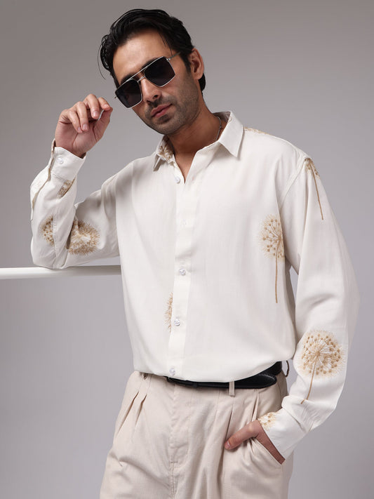 Blowball Flower Embroidery Cream Full Sleeve Shirt