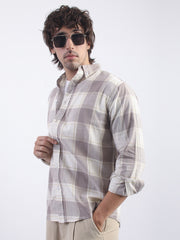 Cotton Linen Checks Light Brown Full Sleeve Shirt