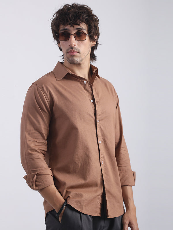 Brown full sleeve cotton linen mocha shirt for men - view 4