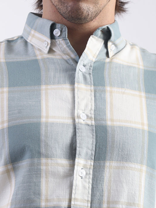 Cotton Linen Checks Teal Blue Full Sleeve Shirt