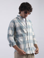 Cotton Linen Checks Teal Blue Full Sleeve Shirt