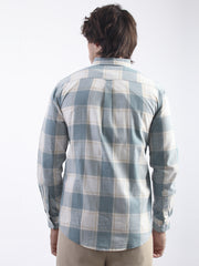 Cotton Linen Checks Teal Blue Full Sleeve Shirt