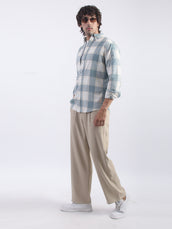 Cotton Linen Checks Teal Blue Full Sleeve Shirt