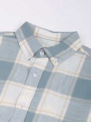 Cotton Linen Checks Teal Blue Full Sleeve Shirt