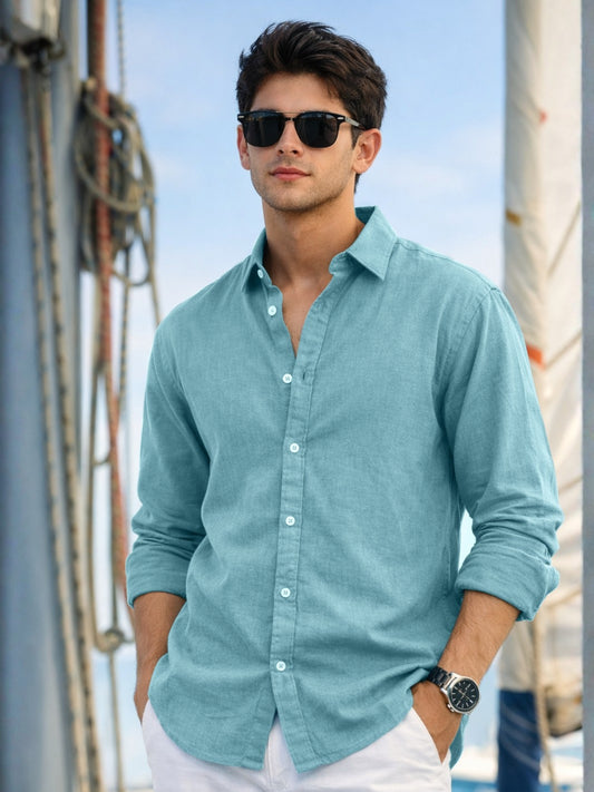 Cotton Linen Teal Blue Full Sleeve Shirt