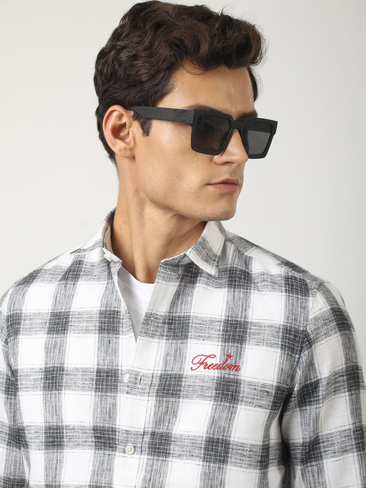 Freedom Embroidered White Checked Shirt
