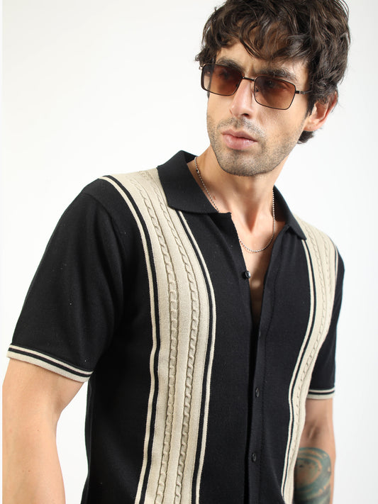 Black & Biscuit Proxy Cable Flat-Knit Half-Sleeve Polo Shirt