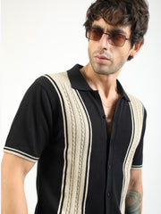 Black & Biscuit Proxy Cable Flat-Knit Half-Sleeve Polo Shirt