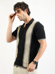 Black & Biscuit Proxy Cable Flat-Knit Half-Sleeve Polo Shirt