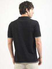 Black & Biscuit Proxy Cable Flat-Knit Half-Sleeve Polo Shirt
