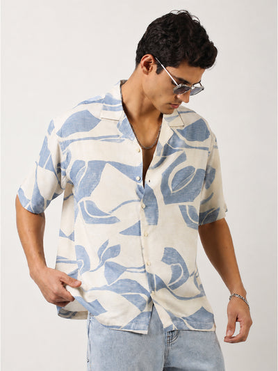 Soft Tropic Resort Cream, Blue Half Sleeve Shirt