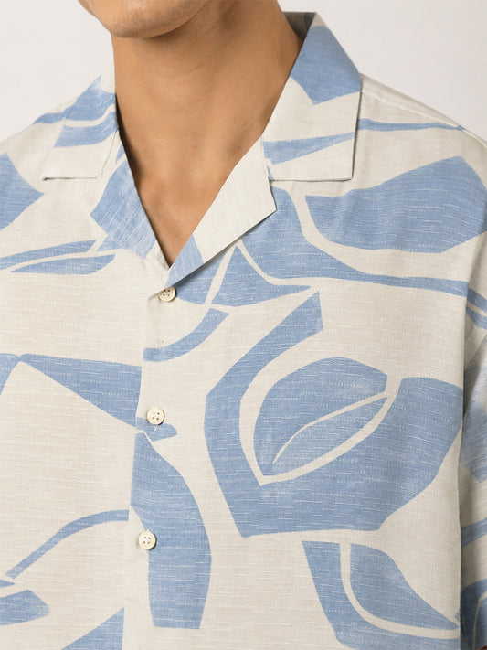 Soft Tropic Resort Cream, Blue Half Sleeve Shirt