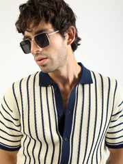Cream Venice Stripes Flat-Knit Half-Sleeve Polo Shirt