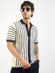Cream Venice Stripes Flat-Knit Half-Sleeve Polo Shirt
