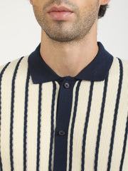 Cream Venice Stripes Flat-Knit Half-Sleeve Polo Shirt