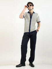 Cream Venice Stripes Flat-Knit Half-Sleeve Polo Shirt