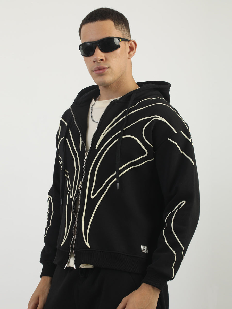 Dual Zip Puff Print Black Boxy Hoodie Sweatshirt