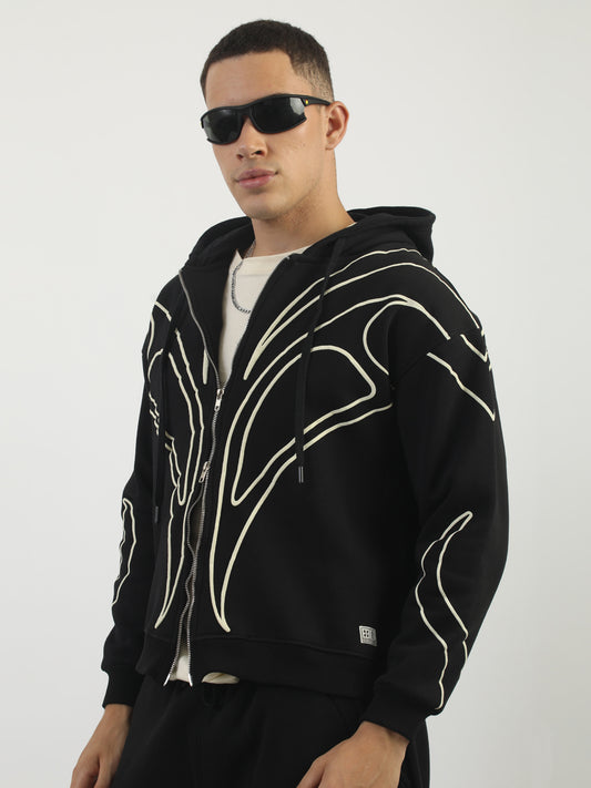 Dual Zip Puff Print Black Boxy Hoodie Sweatshirt