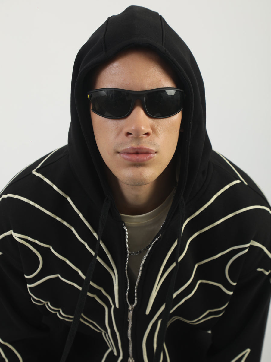 Dual Zip Puff Print Black Boxy Hoodie Sweatshirt