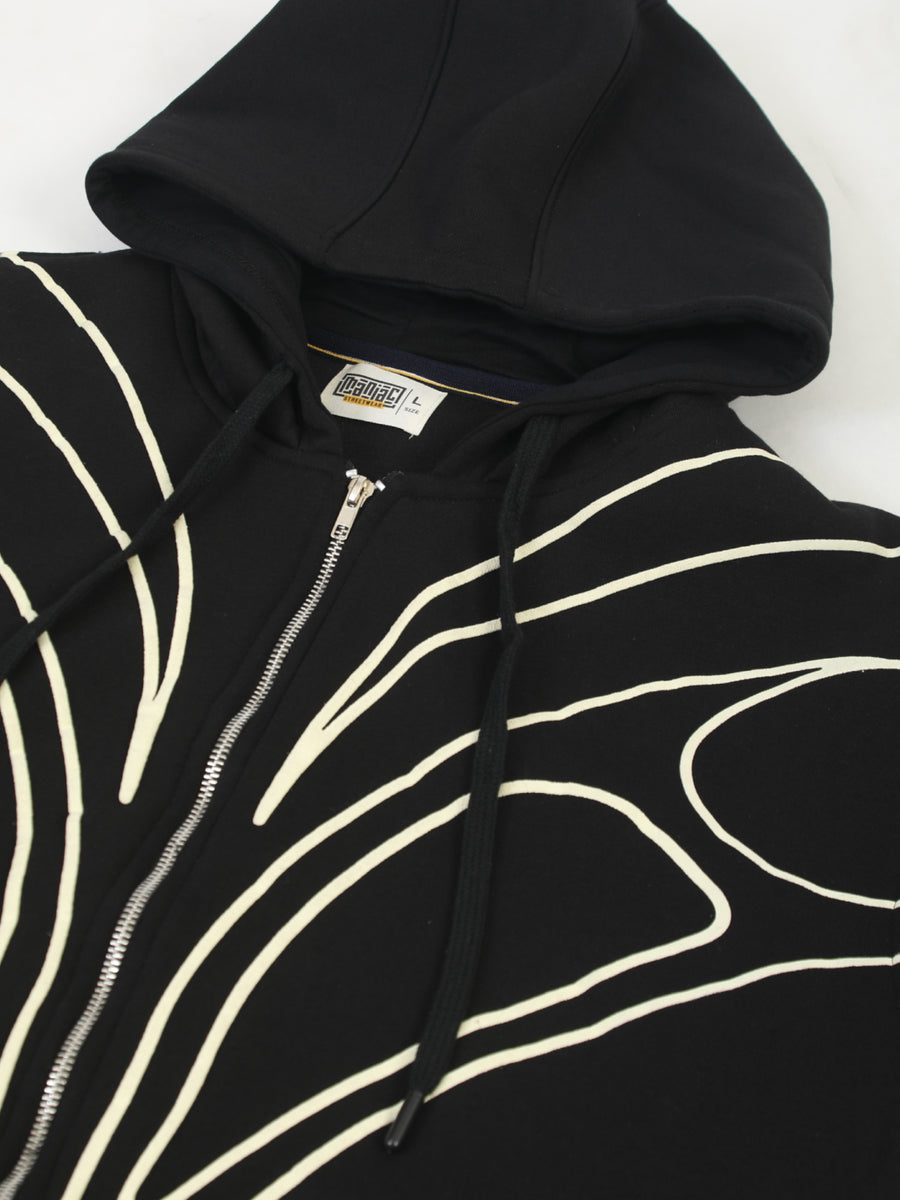 Dual Zip Puff Print Black Boxy Hoodie Sweatshirt