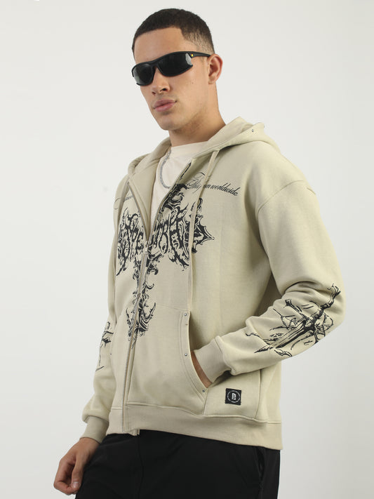 Dual Zip Graphic Print Biscuit Oversized Fit Hoodie Sweatshirt