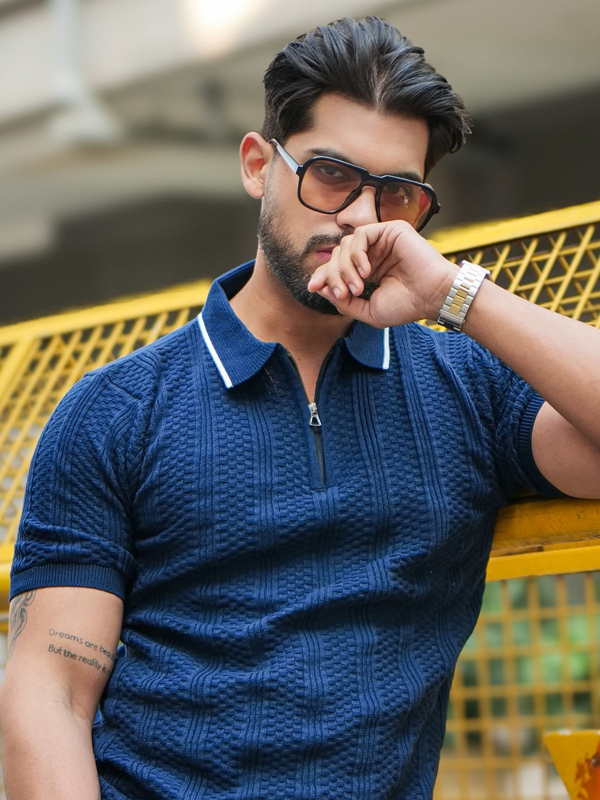 Ribknit Navy Polo T-Shirt