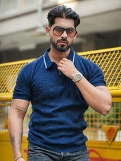 Ribknit Navy Polo Half Sleeve T-Shirt