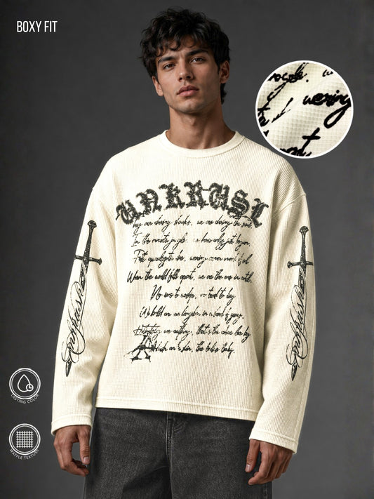 Wordings Cream Waffle Full Sleeve T-Shirt