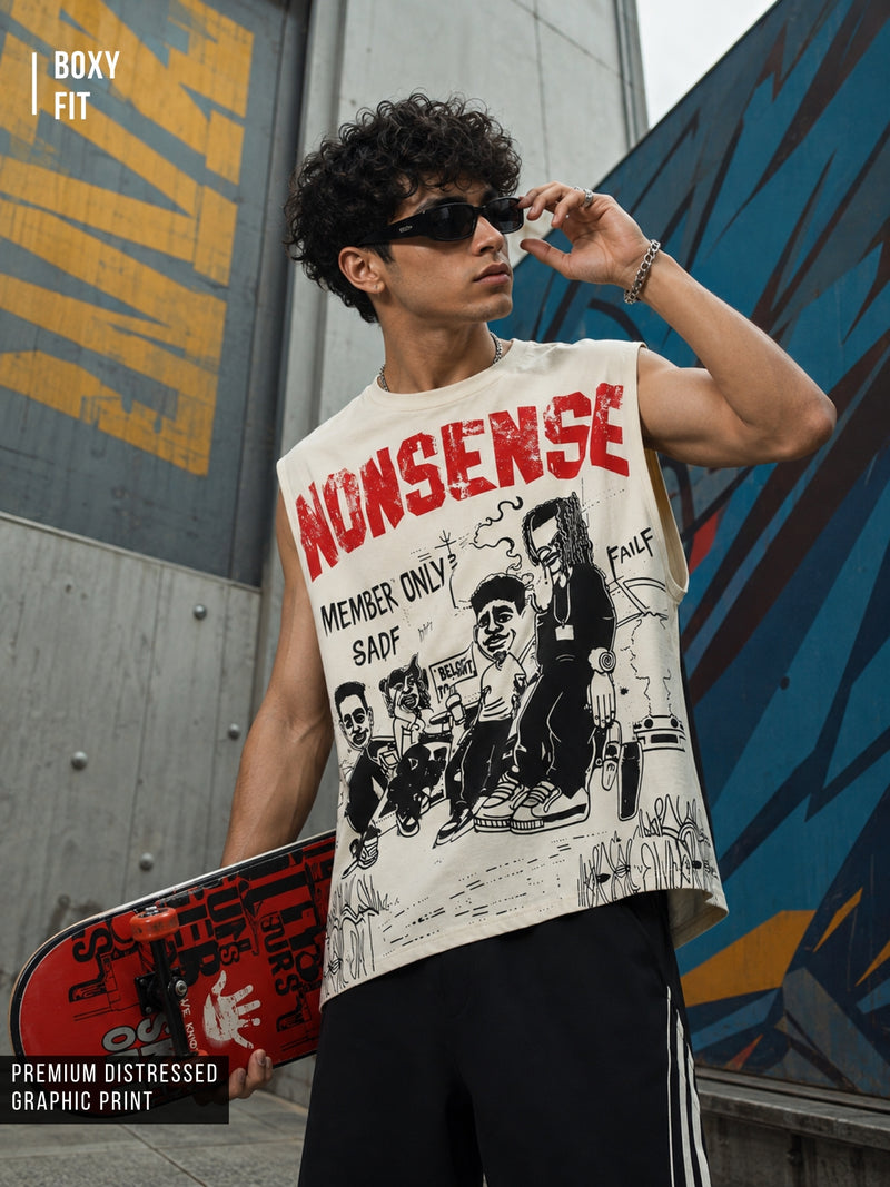 Nonsense Print Cream, Black Sleeveless T-Shirt