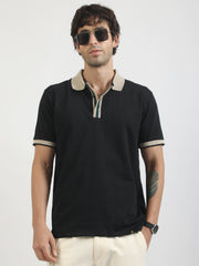 Collar Contrast Black Half Sleeve Polo T-Shirt