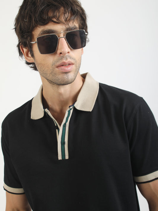 Collar Contrast Black Half Sleeve Polo T-Shirt