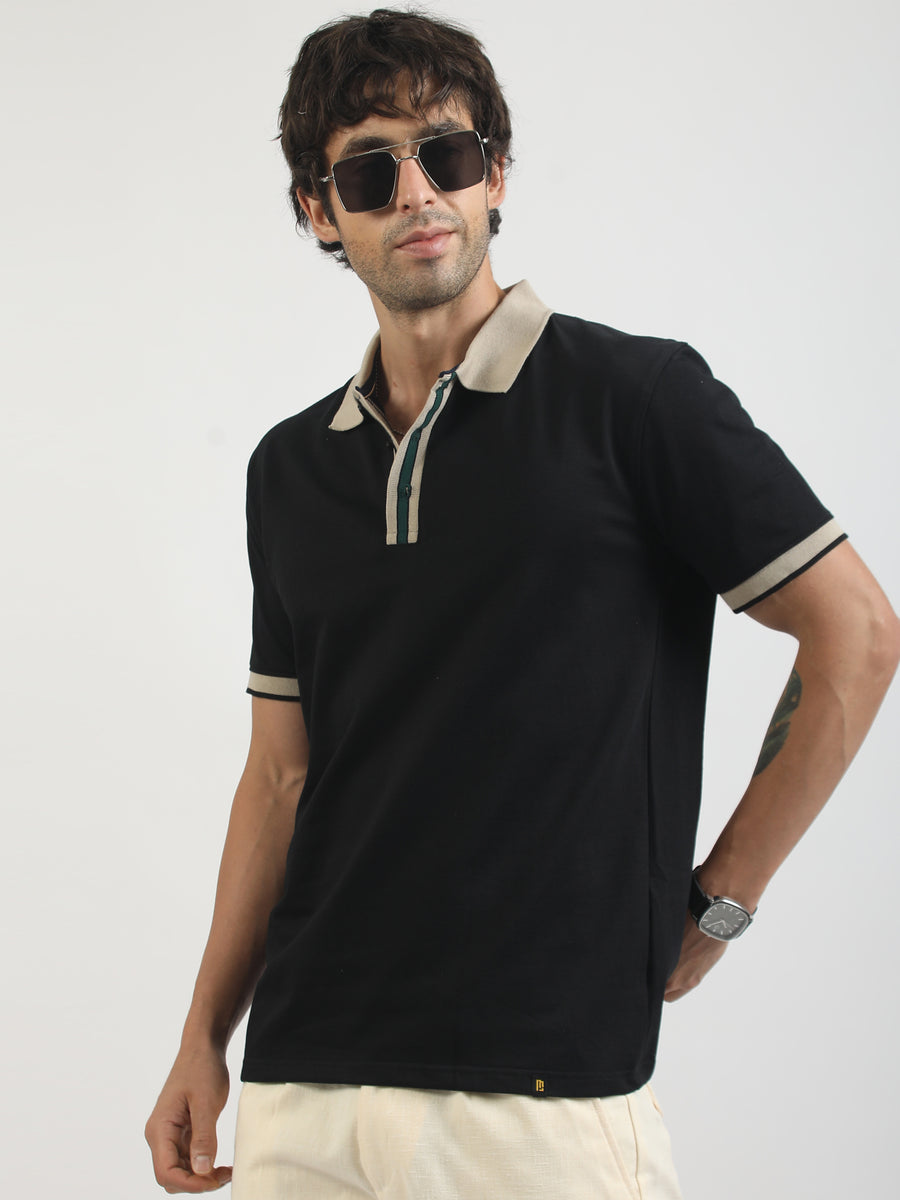 Collar Contrast Black Half Sleeve Polo T-Shirt