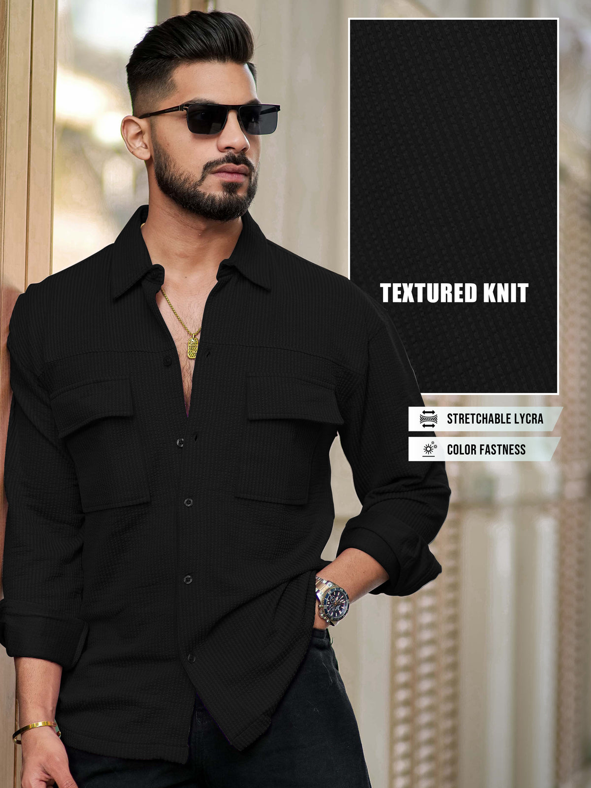 Black full sleeve elliot knit lycra shirt for men - view 2