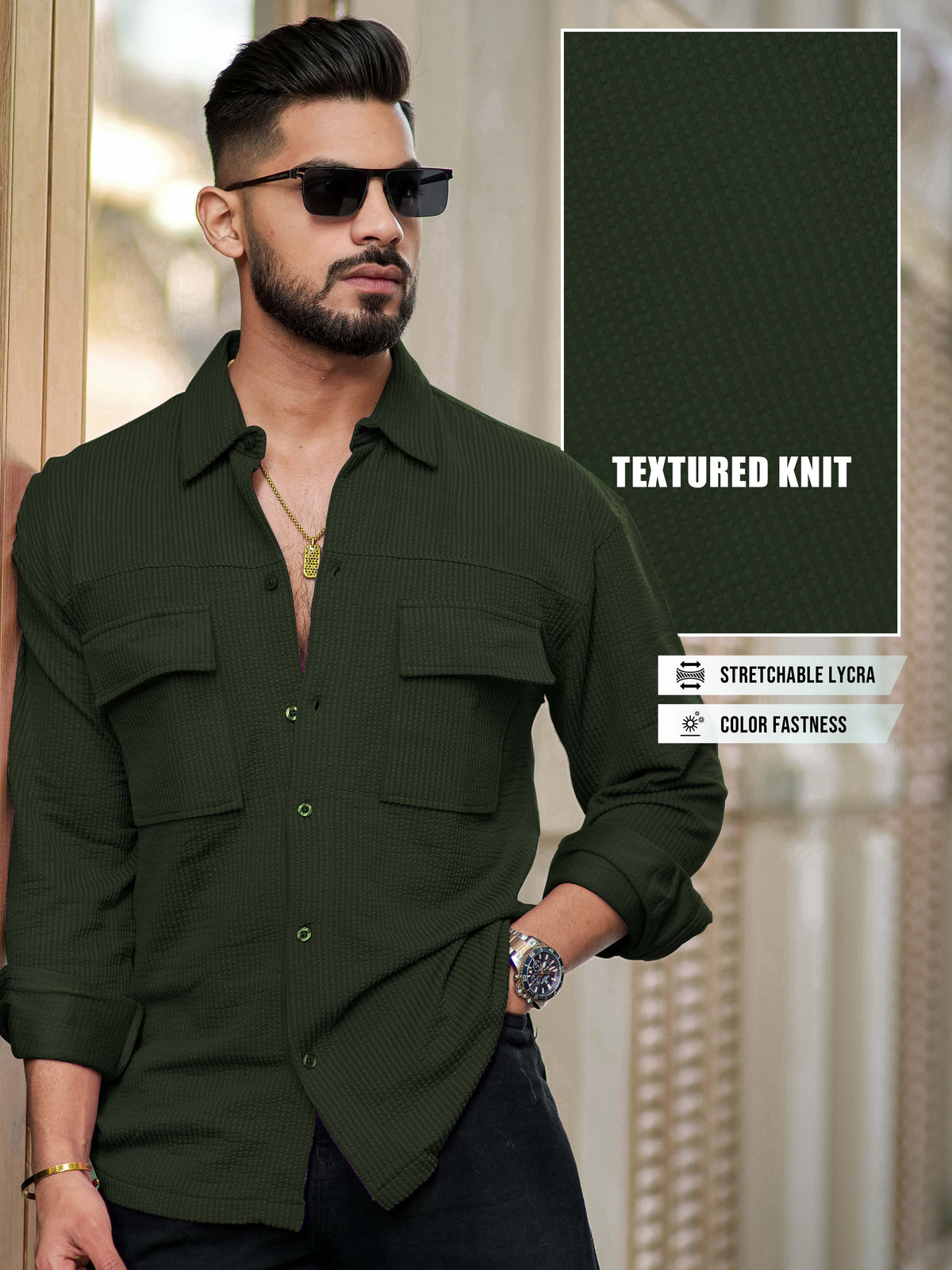 Olive full sleeve elliot knit lycra shirt for men - view 2