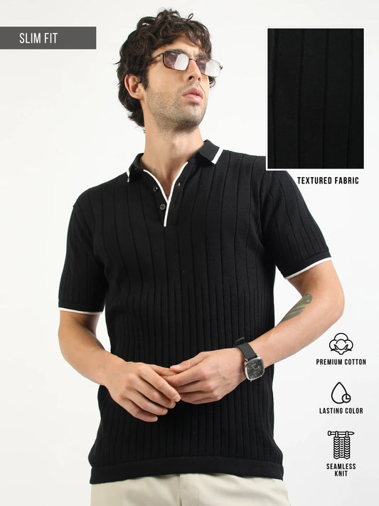 Black Stockholm Flat-Knit Half Sleeve Polo T-Shirt