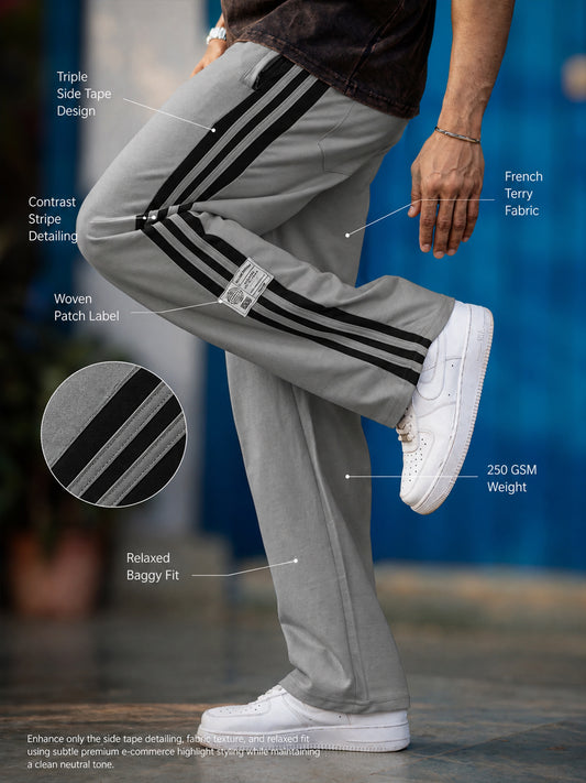Baggy Fit Silver Grey Taped Pant