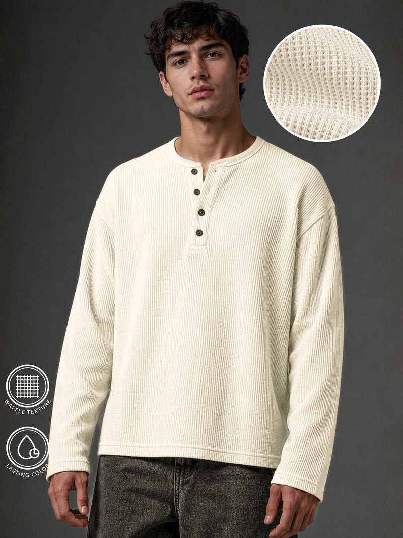 Cream Waffle Henley Full Sleeve Tshirt