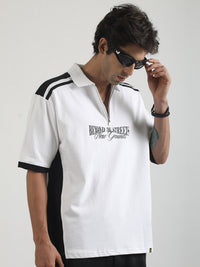 Printed White, Black Half Sleeve Polo T-Shirt