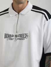 Printed White, Black Half Sleeve Polo T-Shirt