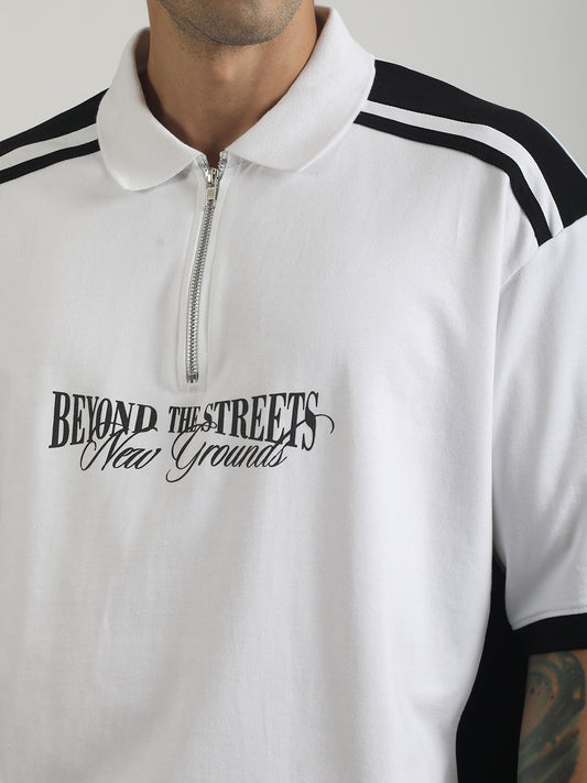 Printed White, Black Half Sleeve Polo T-Shirt