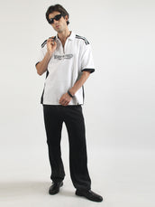 Printed White, Black Half Sleeve Polo T-Shirt
