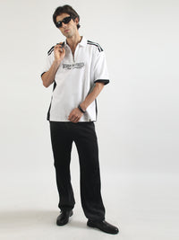 Printed White, Black Half Sleeve Polo T-Shirt